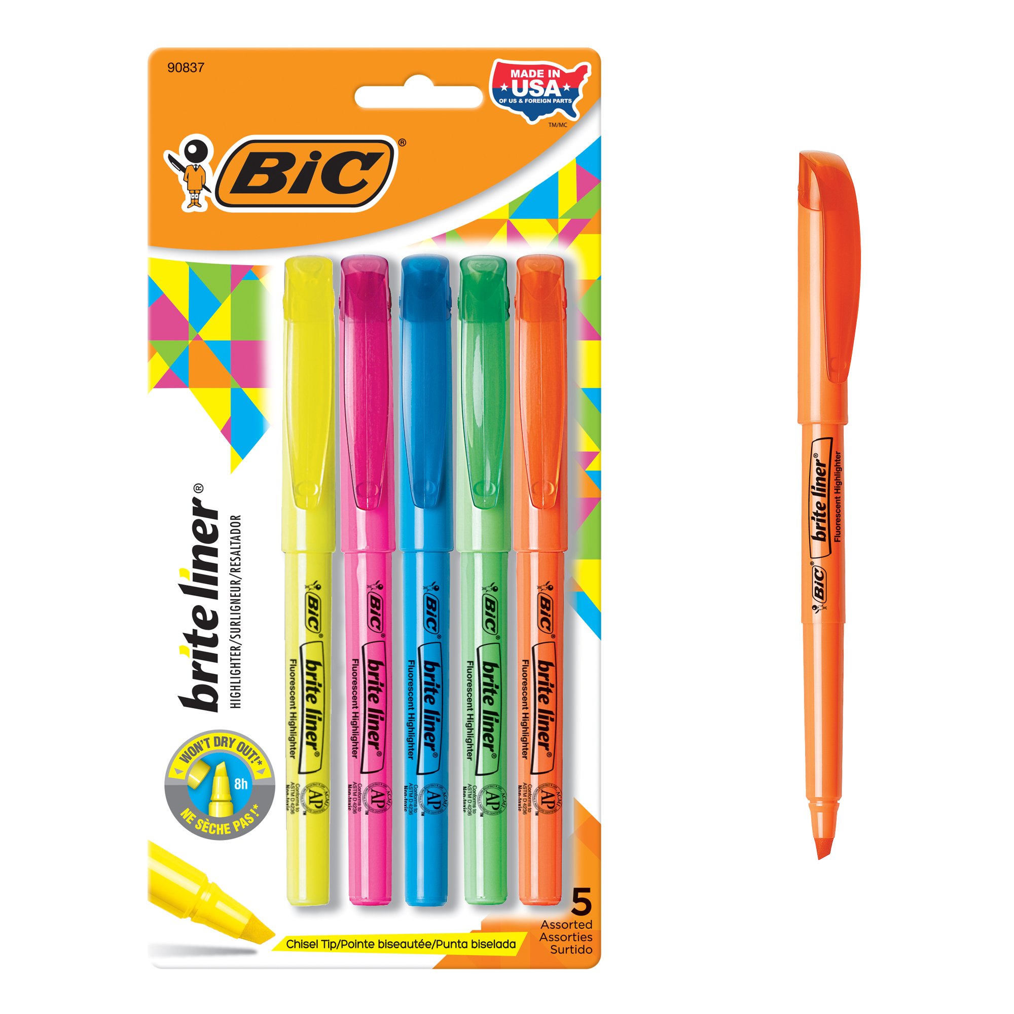 BIC Brite Liner Highlighter, Chisel Tip, Assorted Colors, 5-Count