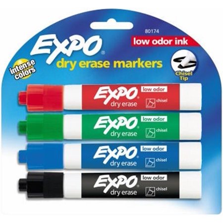 EXPO Low Odor Dry Erase Markers, Chisel Tip, Assorted Colors, 4 Pack