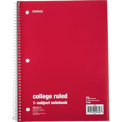 Staples® 1 Subject Notebook, College Ruled, 8" x 10-1/2", Red