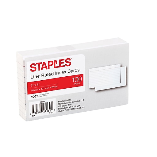 Staples® 3" x 5" Line Ruled White Index Cards, 100/Pack (50993)